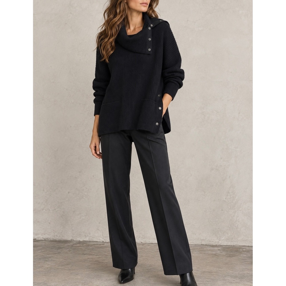 VINCE Black Wool Yak Oversized Snap Cowl Neck Sweater